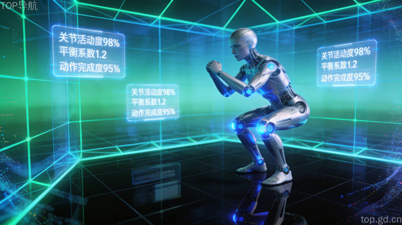 AI仿真训练场景中人形机器人在数字孪生空间进行动作训练,全息投影蓝绿色光效