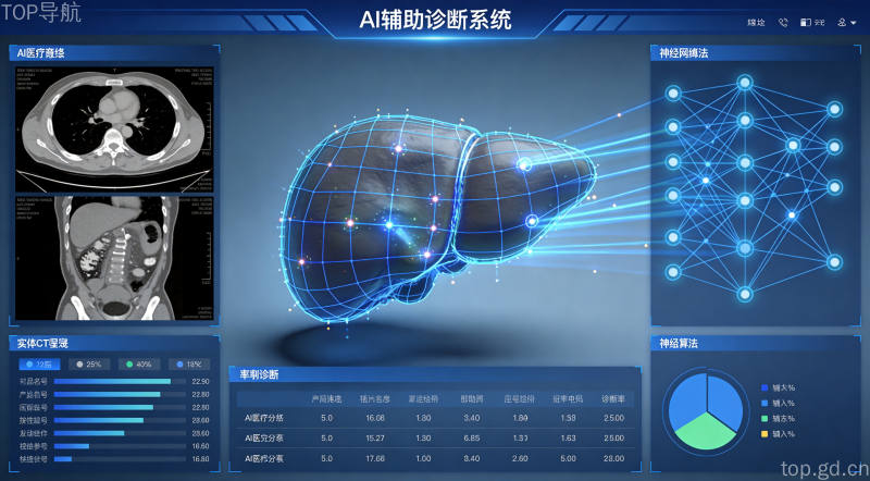 AI辅助医疗诊断界面，展示人工智能在CT影像分析和癌症筛查中的应用