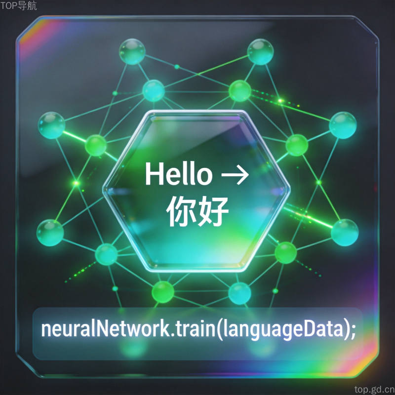 多语言翻译流程渐变光效图，光环与代码片段展示33种语言翻译的技术架构