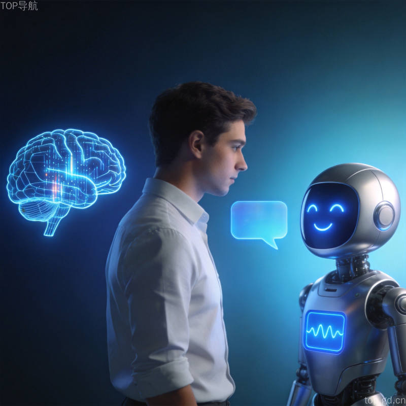 AI效率提升概念图，展示人与AI机器人智能对话场景，3D渲染科技风格