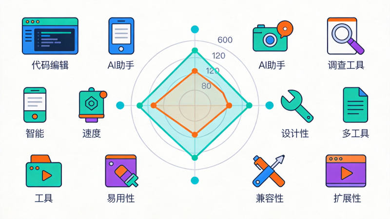 编程工具对比矩阵，雷达图展示各工具智能、速度、易用性等评分维度