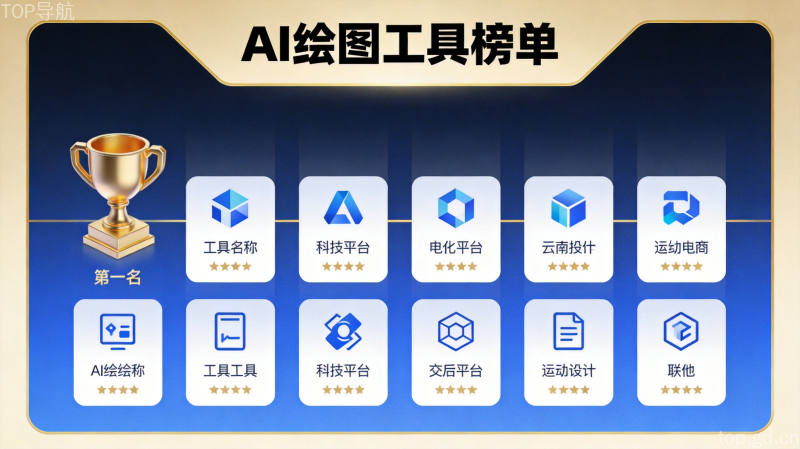AI绘图工具榜单展示，排行榜界面与奖杯图标，各工具评分对比可视化