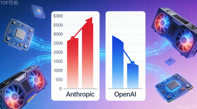 Anthropic与OpenAI收入对比图表，Anthropic年化收入突破300亿美元首次超越OpenAI，蓝紫渐变科技风格信息图