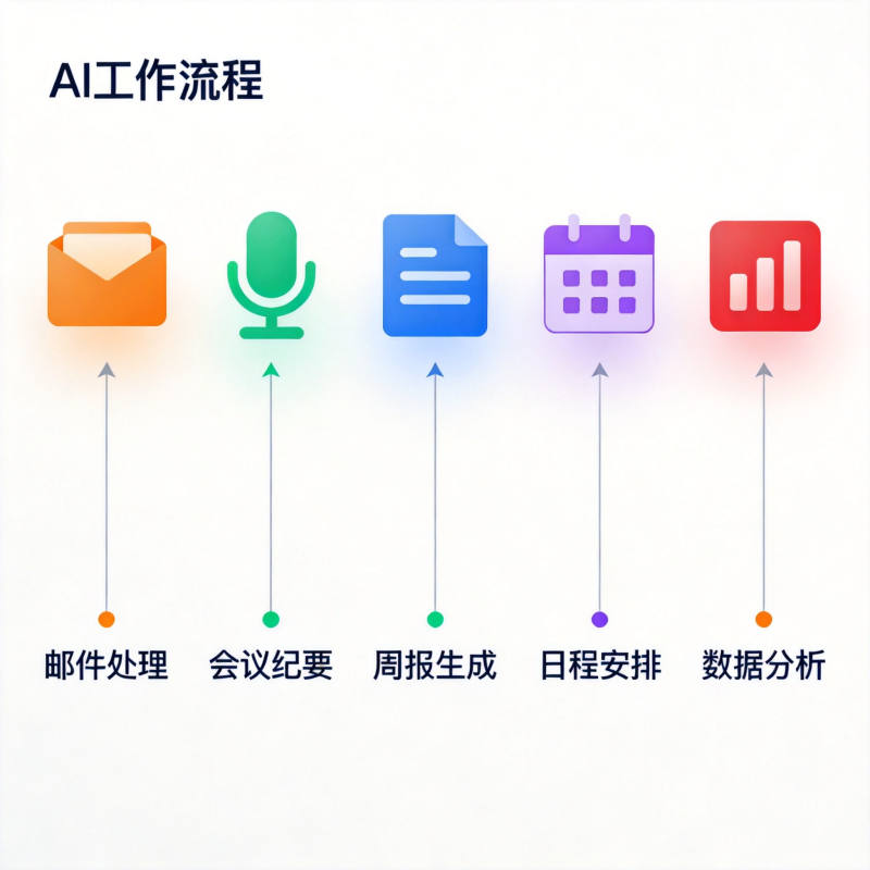 五大AI工作流环节可视化：邮件、会议、周报、创作全流程图解