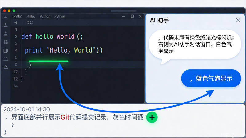 AI编程工作流：代码编辑器与Git提交记录并行显示
