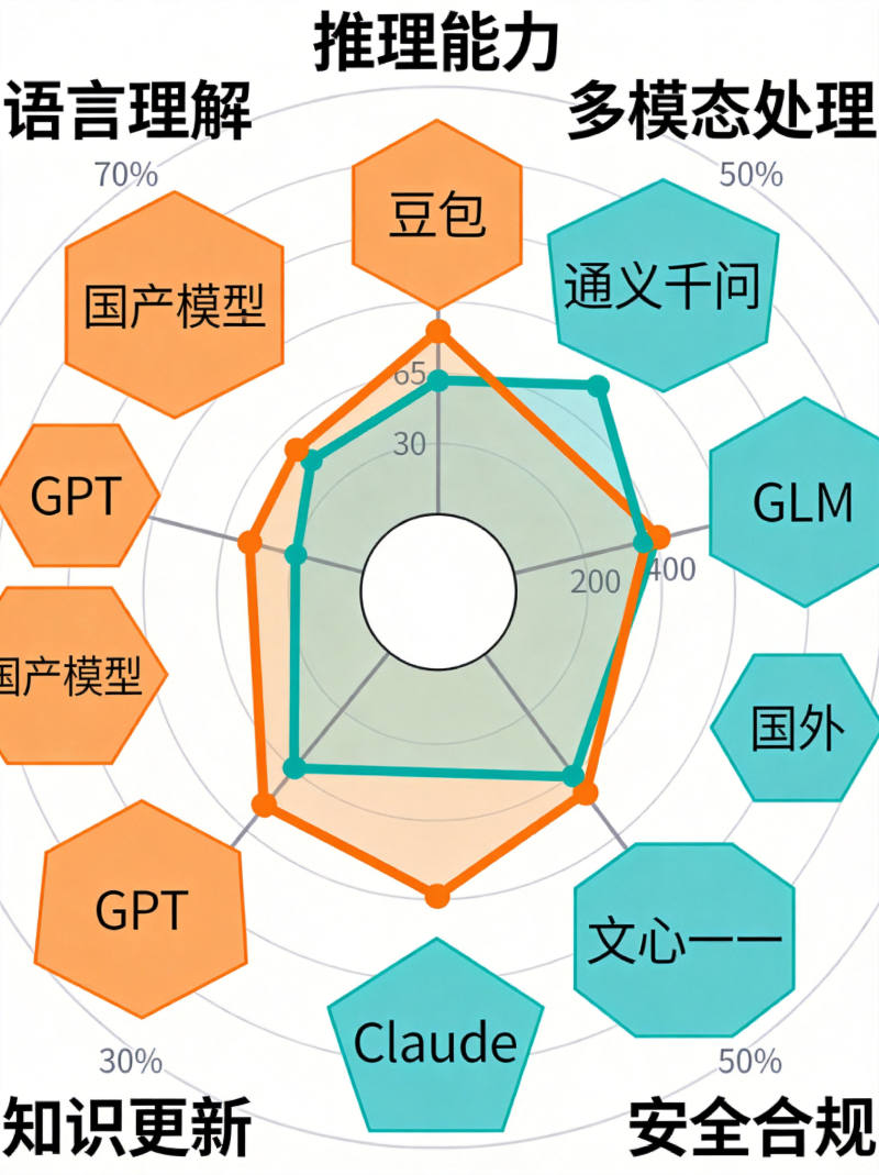 模型能力雷达图：国内外AI大模型多维度对比分析
