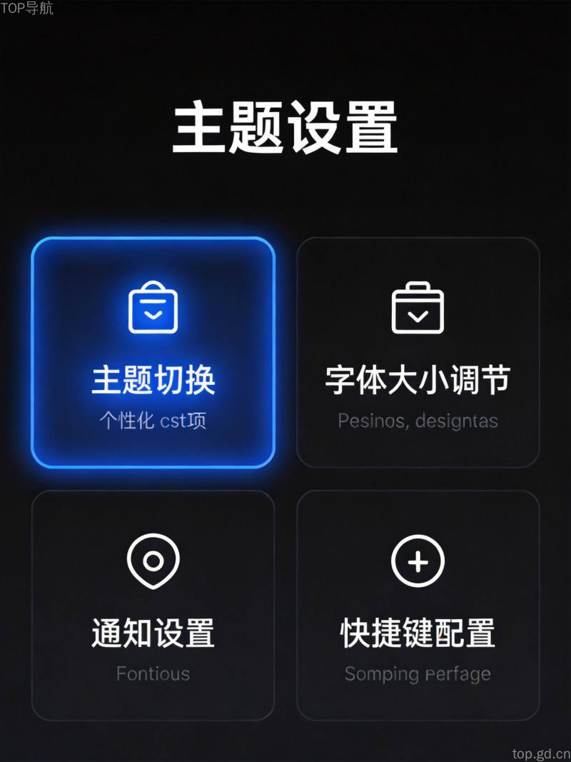 暗黑模式主题设置界面，蓝色霓虹发光边框的主题切换功能模块与个性化设置展示