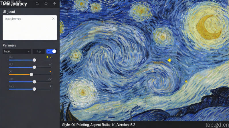 Midjourney AI绘画工具界面，油画风格生成参数设置与梵高星月夜作品效果对比展示