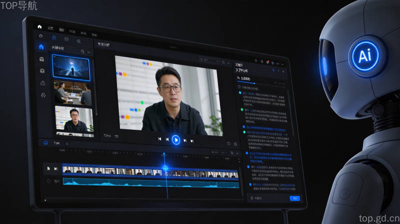 AI视频分析软件界面与智能机器人，展示素材预览、AI文字分析与多帧时间轴功能