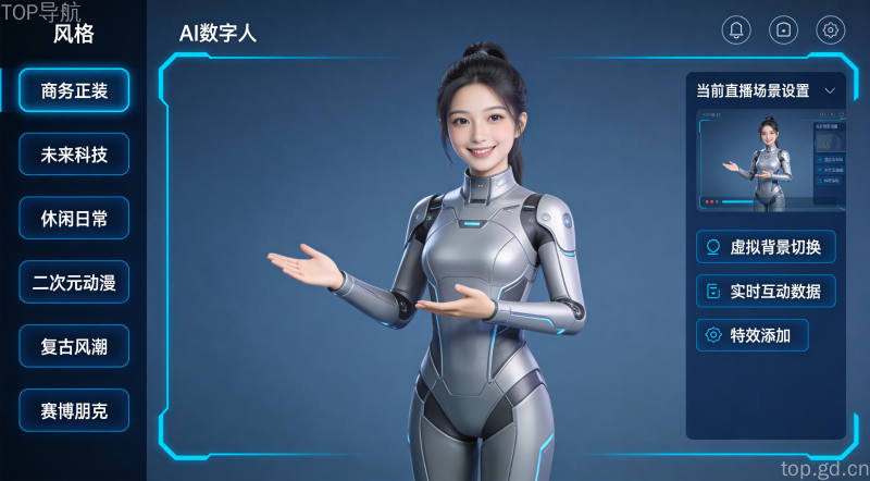 AI数字人形象展示，未来科技感紧身连体服银色机甲设计，六种风格切换选项界面