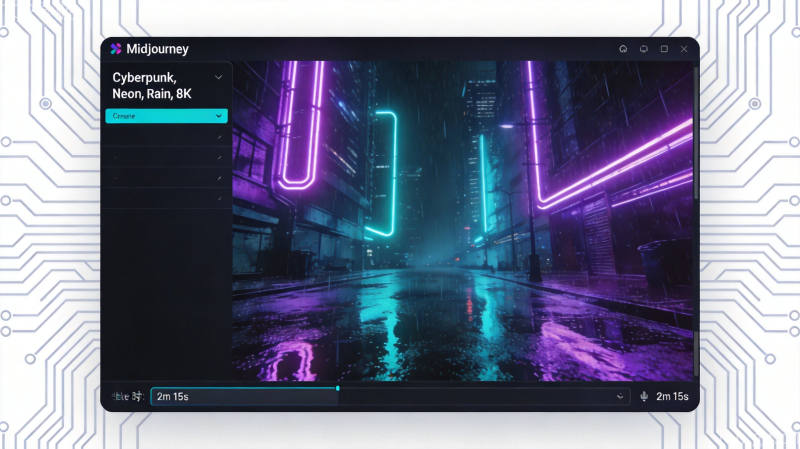 Midjourney生成的赛博朋克雨夜街景，8K高精度AI画作展示霓虹灯光与湿润路面反射效果