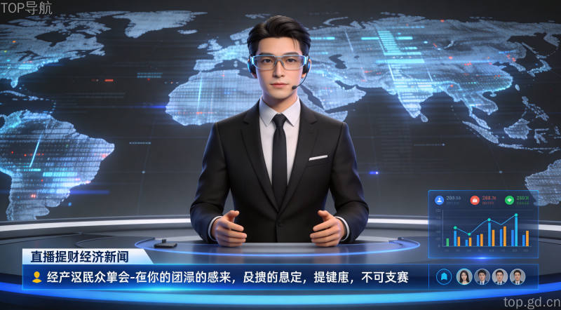 科技感虚拟财经播报员，AI数字人形象展示专业新闻播报场景的未来交互方式