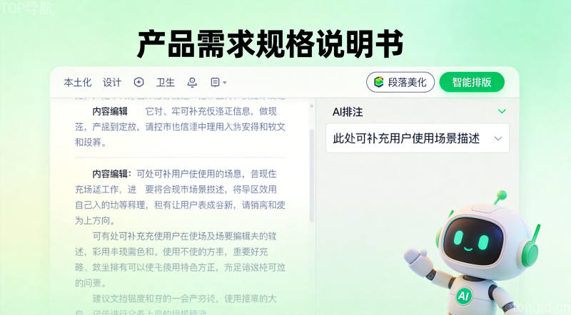 AI机器人与文档编辑界面，展示智能文档协作工具的智能排版和内容生成功能