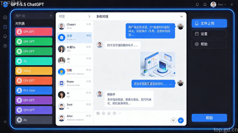 ChatGPT多线程对话界面，彩色对话列表与蓝白气泡消息展示AI交互工具界面