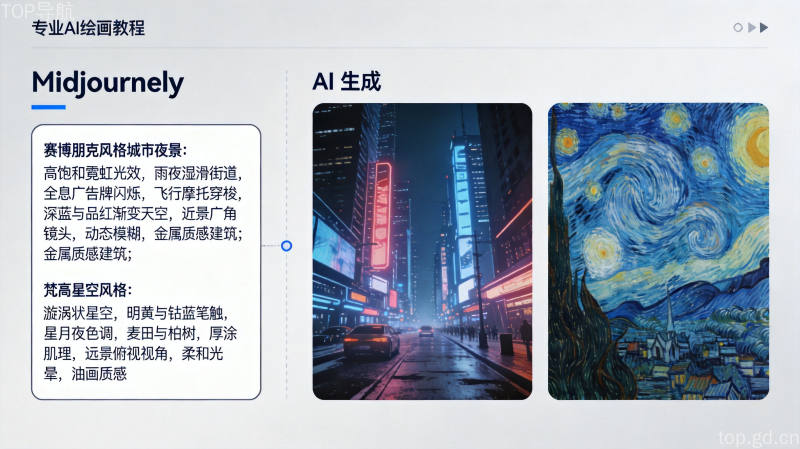 Midjourney提示词对比效果展示，赛博朋克城市与梵高星空风格AI绘画示例