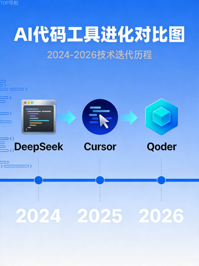 AI编程工具发展时间线对比图，展示从2024年到2026年DeepSeek、Cursor、Qoder等工具的演进历程