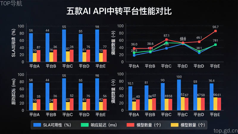 五款主流AI API中转平台性能对比图表，直观呈现各平台SLA、模型数量与响应延迟数据