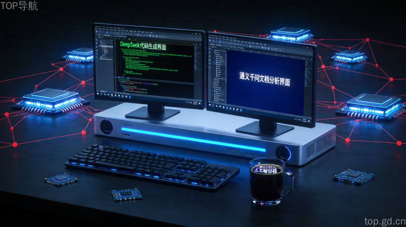 程序员双显示器工作场景，左侧DeepSeek代码生成，右侧通义千问文档分析