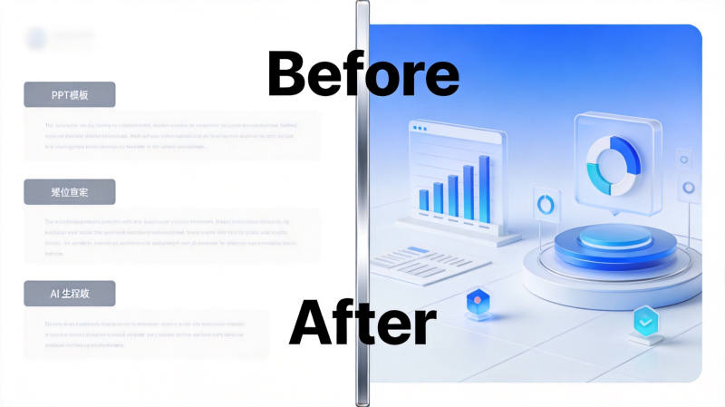 Before-After对比图，左侧空白模板与右侧AI生成的精美演示文稿形成鲜明对比