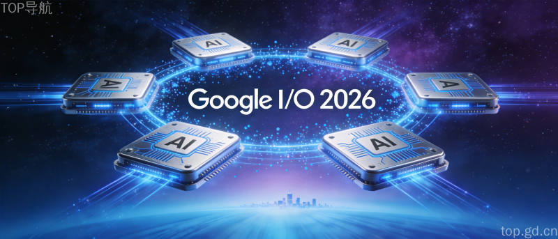 Google I/O 2026大会现场概念图,AI芯片与Gemini智能体环绕,蓝紫科技光芒展现未来AI发展蓝图