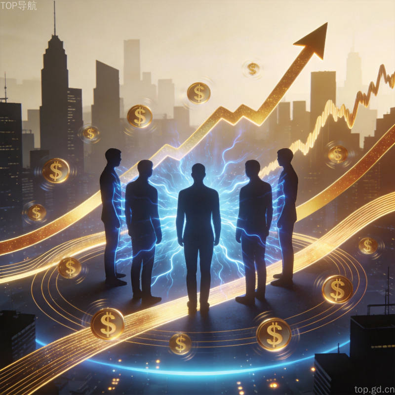 AI科技公司资本化浪潮中的人物剪影环绕投资增长曲线