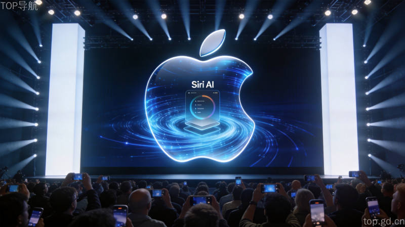 苹果WWDC26发布会现场,Siri AI语音助手界面投影,蓝光科技氛围