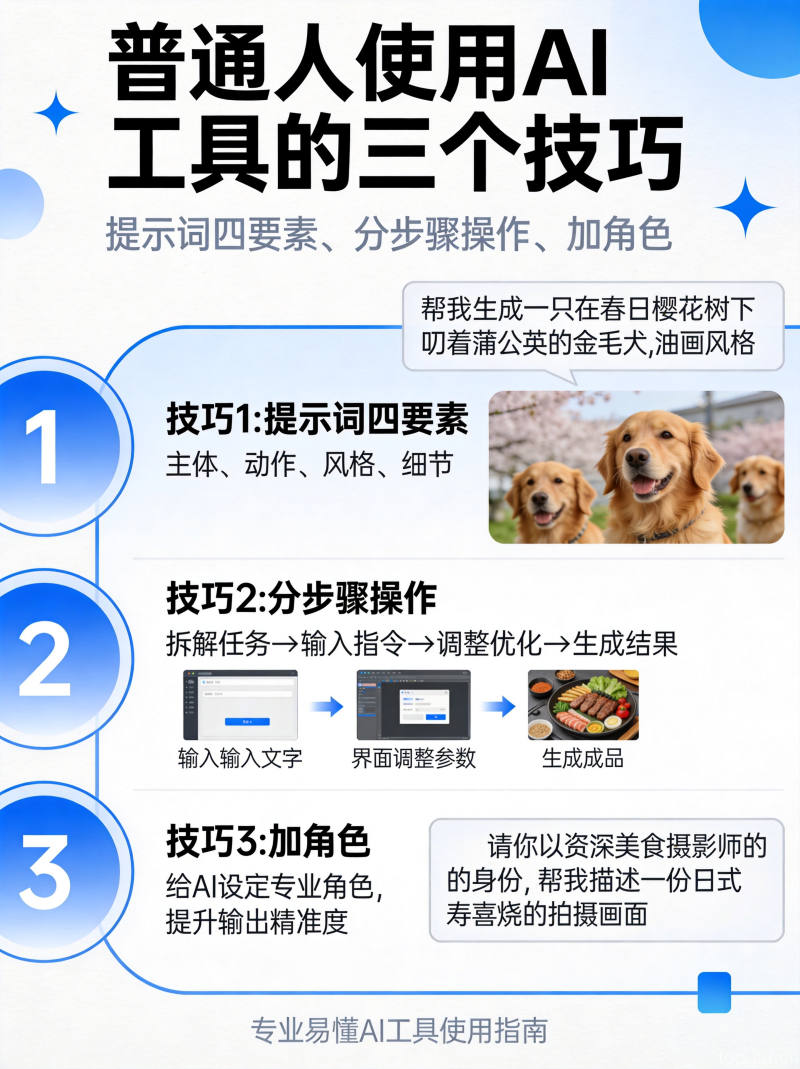 AI使用技巧分步骤图解，三个核心技巧可视化展示