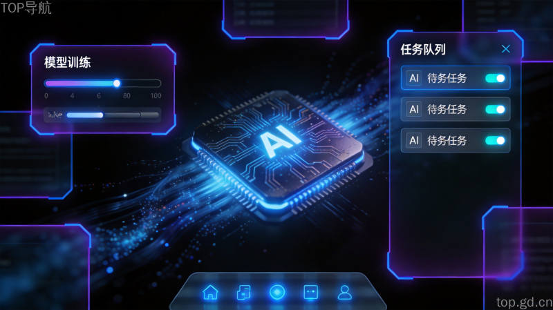 暗黑科技风格的AI工具界面，展示悬浮的操作面板和任务管理窗口，带有霓虹光效的神秘深邃氛围