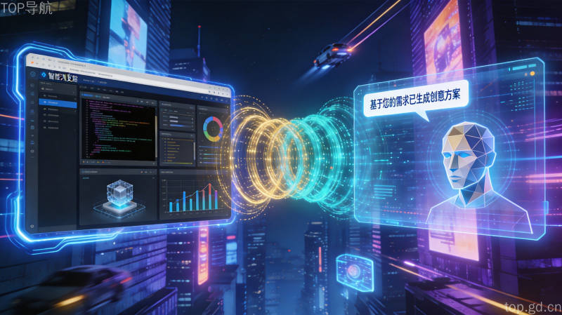 Dia Browser智能浏览器界面，多个AI分析面板与自动化工作流程蓝紫调科技氛围