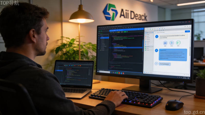 程序员使用AI编程工具的现代工作场景，暖色灯光营造专业氛围