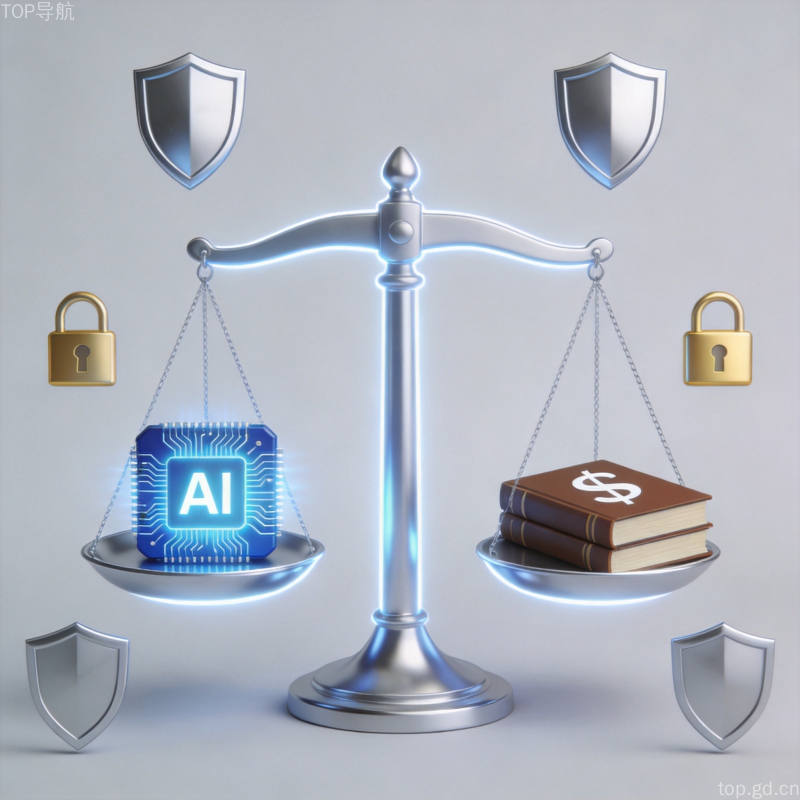 AI监管政策概念图发光天平一侧芯片一侧法律书籍盾牌图标环绕