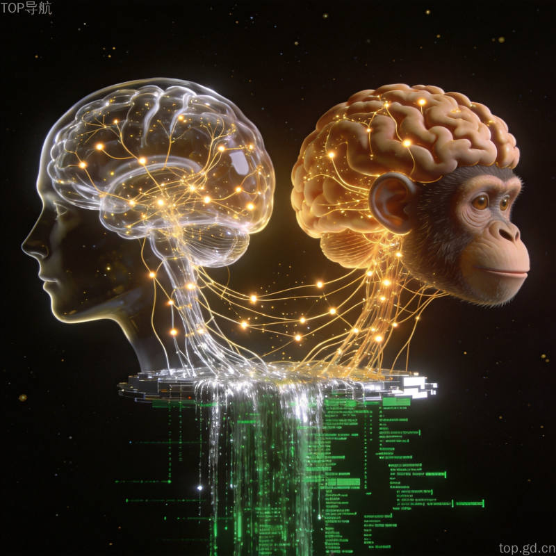 悟界Brainμ跨物种脑信号AI大模型透明人脑神经突触金色光点连线示意图
