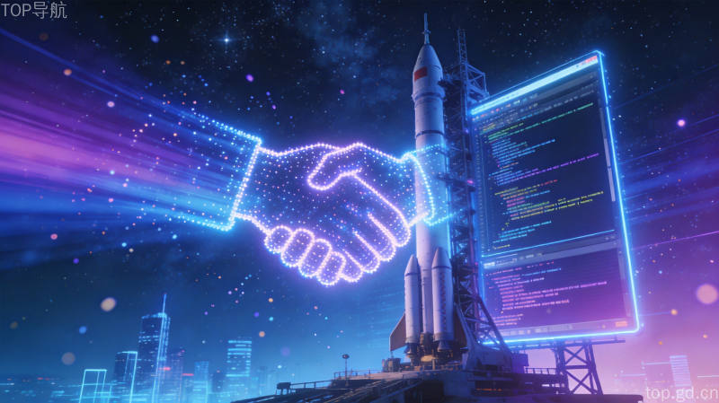 SpaceX收购Cursor交易概念图火箭发射塔与代码编辑器界面在赛博朋克光效中交融象征科技并购