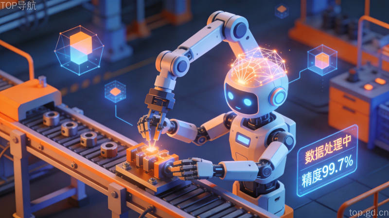 等距3D风格智能机器人在工厂环境中灵活操作的画面展示Qwen-Robot具身智能模型的灵巧操作能力
