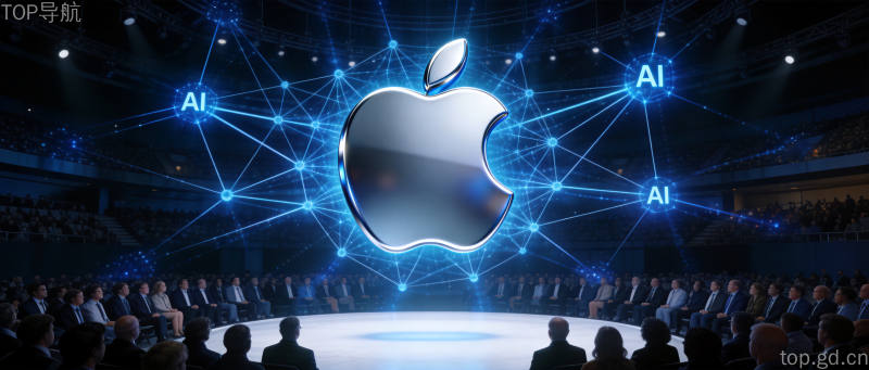 苹果WWDC 2026发布会舞台上AI神经网络光效环绕Apple Logo的科技场景