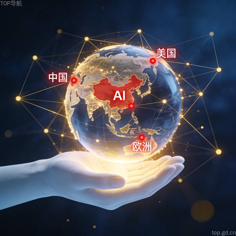手势托起发光地球仪标注中美欧AI连接节点的信息图风格全球治理概念图
