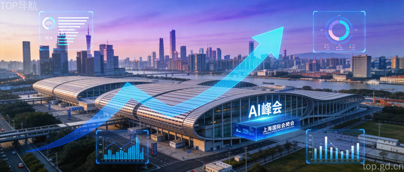 上海国际会展中心俯瞰视角下AI峰会场景搭配全息数据图表的商务科技画面