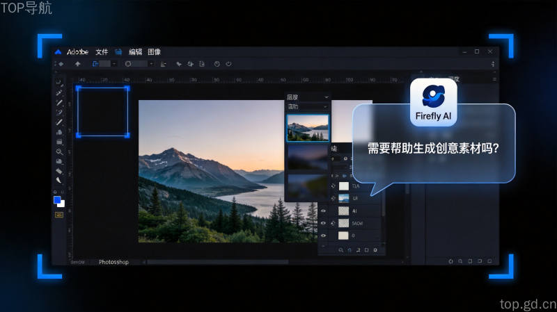 Adobe Photoshop和Premiere Pro软件界面展示Firefly AI助手功能