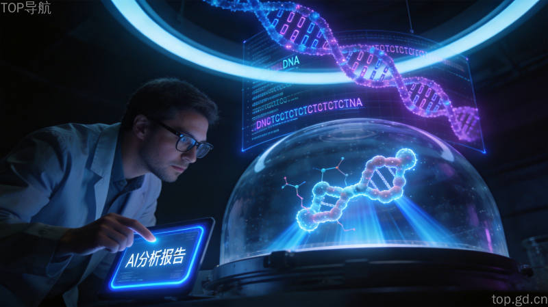 科研人员与AI协同工作场景：实验室中的智能分析系统，数据显示基因序列和化合物结构，科技光效蓝色背景