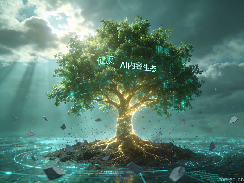 AI内容生态净化愿景图,发光的数字之树生长在清洁网络空间中,象征整治后的清朗网络