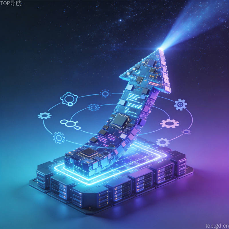 中国AI模型竞争力持续攀升，三维箭头象征技术突破，开源生态与工程化能力形成核心优势