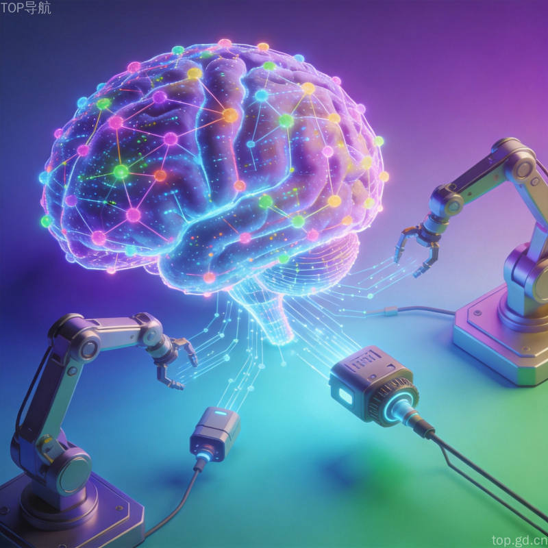 数字大脑由彩色互联数据节点构成，合成图像与三维场景向外流向机械臂和传感器设备