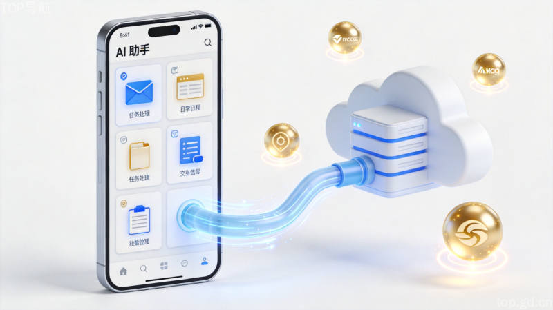 AI助手在手机屏幕上处理任务连接云端的等距3D示意图