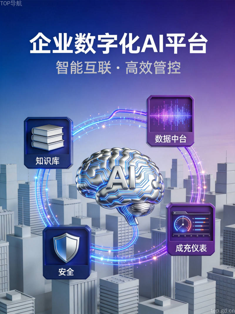 企业级AI数字化平台概念图,展示多个业务系统与AI智能中枢的数据连接架构