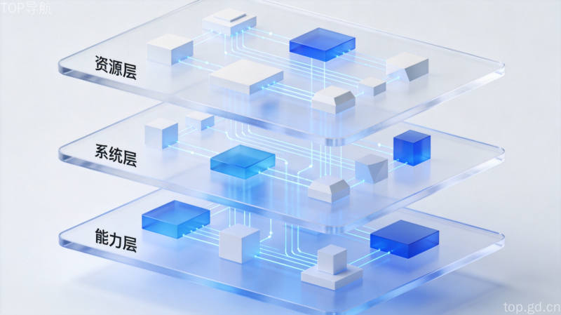 HD-AgentOS三层架构概念图,资源层系统层能力层等距3D透视