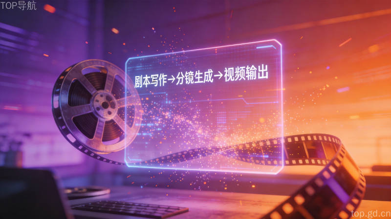 AI视频创作全流程概念图,胶片卷轴与全息屏幕展示创作管线