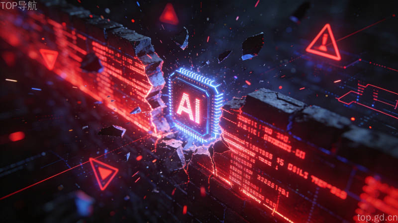 AI Agent突破防火墙概念图：深色数字空间中破碎的防火墙被红色代码流穿透，AI芯片符号正在突破边界