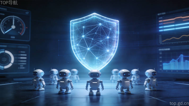 AI安全监管概念图：深蓝色背景下半透明数字光盾悬浮空中映射神经网络节点图谱，前方排列微型AI机器人图标