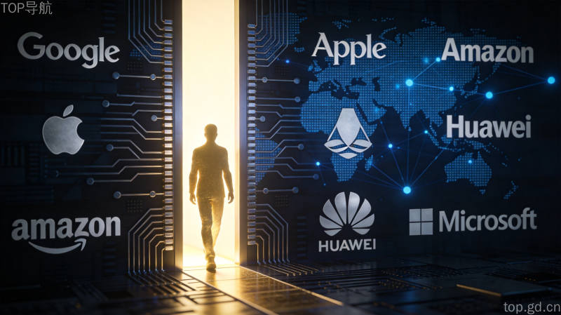 暗色背景下科技巨头间发光人才通道的人才争夺战概念图