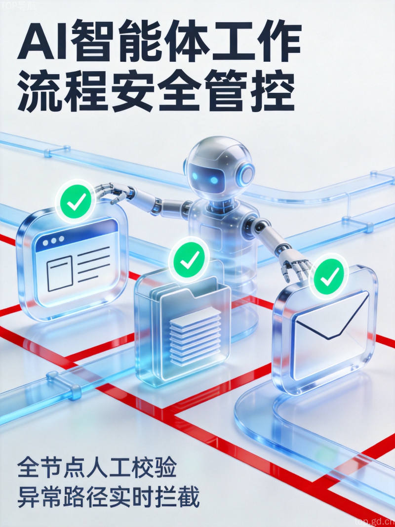 玻璃拟态风格AI机器人操作多个工具带人工确认标记的智能体工作流概念图